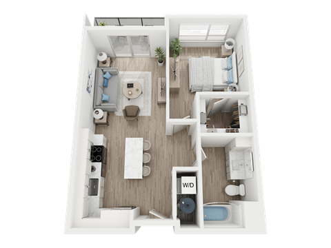 A top-down view of a small apartment layout with a living room, kitchen, and bathroom.